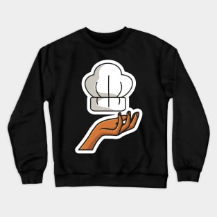 Chef Cooking Hat on Chef Hand Sticker design vector illustration. Kitchen cooking object icon concept. Creative hand and chef cap sticker design logo. Chef logo icon concept. Crewneck Sweatshirt